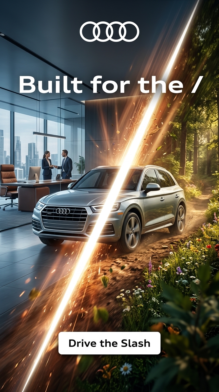 Bold high-contrast with surreal slash dividing the frame—one side sleek corporate minimalism, the other vibrant natural textures. The Q5 positioned precisely in the glowing slash, hyper-realistic details meeting graphic disruption. Typography integrated as kinetic light beams.