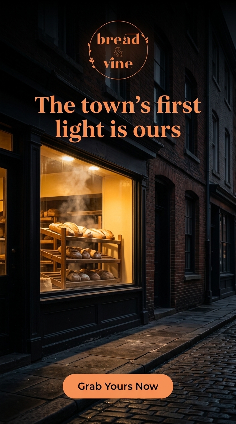 Raw, unfiltered photojournalistic capture with high-contrast darkness enveloping the frame except for the authentic warm glow emanating purely from the bakery interior. Honest textures of aged brick, frosted cobblestones, and the faint steam from fresh bread create a visceral, relatable scene that echoes the original anthem film's real pre-dawn authenticity.