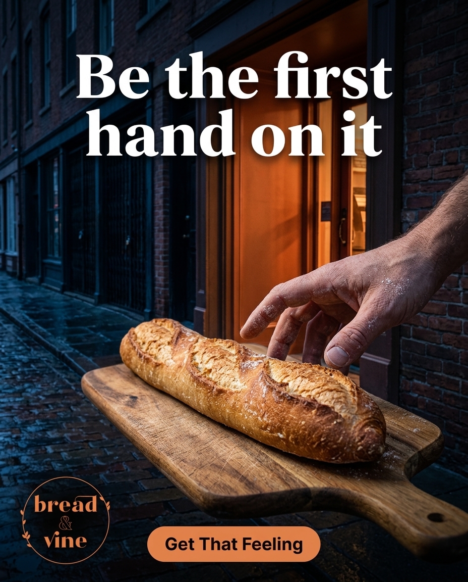 Boldly simple and authentic, captured in true journalistic fashion with natural pre-dawn conditions. Focus on real human interaction with the bread against the dormant town backdrop, delivering the signature high-impact visual that feels lived-in and immediately relatable, consistent with the original's no-stylization rule.