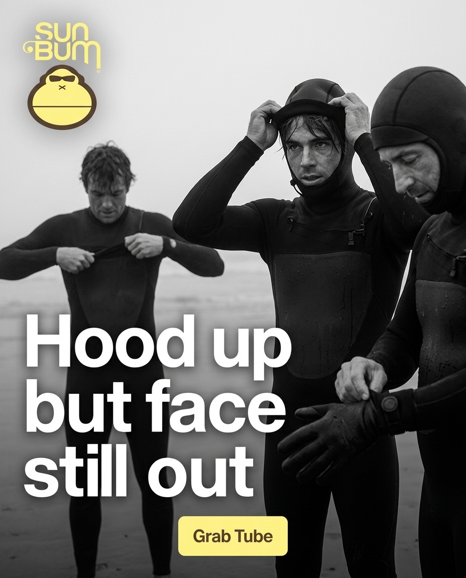 Bold graphic black-and-white sequence feel within single frame, intimate documentary-style shots of multiple surfers in various stages of suiting up. Naturalistic harsh coastal light, compositions integrate body armour textures against exposed faces with powerful negative space.