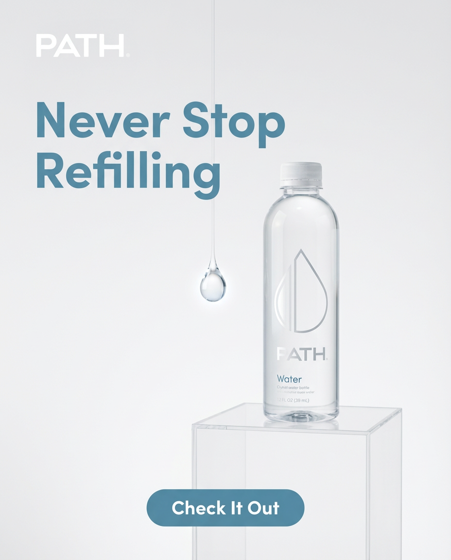 A minimalist studio backdrop with soft diffused light; the bottle sits on a clear acrylic stand, water droplets frozen mid‑fall, creating a sense of perpetual motion frozen in time.