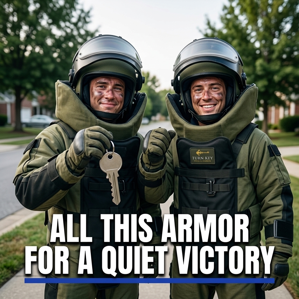 High-contrast portraits of people in full bomb-squad gear standing proudly with house keys, sweat on their brows but eyes sparkling with ridiculous hope. Bold, unexpected typography slices through the frame like a headline from an old newspaper, mixing hyper-real sweat textures with clean negative space. Surreal scale makes the keys look massive against padded suits.